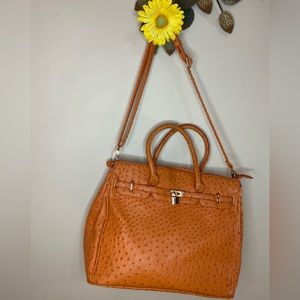 Penelope Ann~Ostrich Skin Faux Leather Handbag~Orange~Detachable Shoulder Strap.